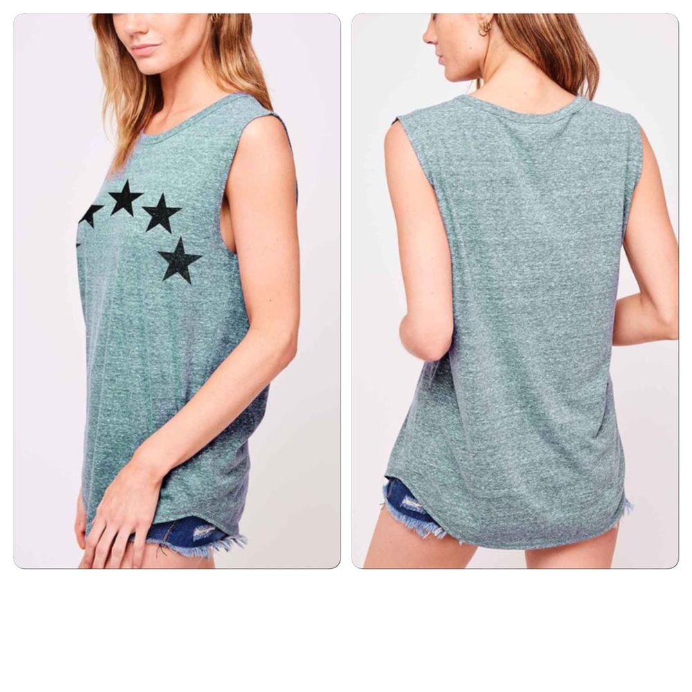 Teal heathered cut off tee with star print